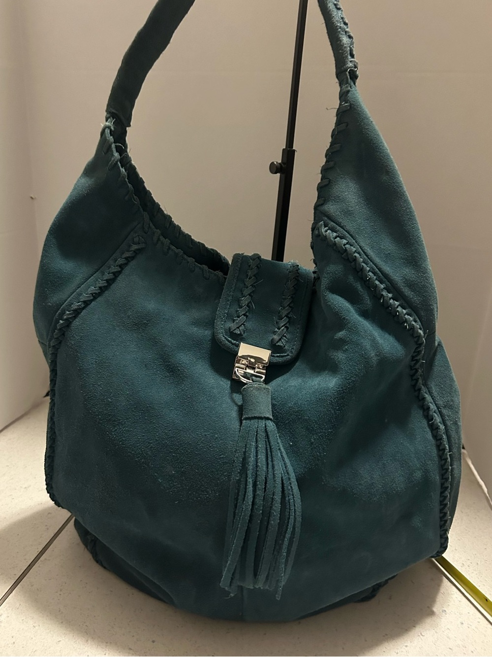 Teal Suede Tassel Hobo Bag  by French Connection